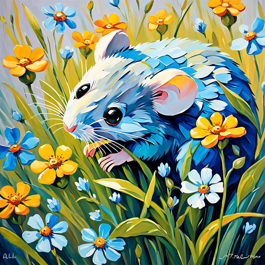 Gray Mouse Peeking in Impressionist Impasto Oil Painting