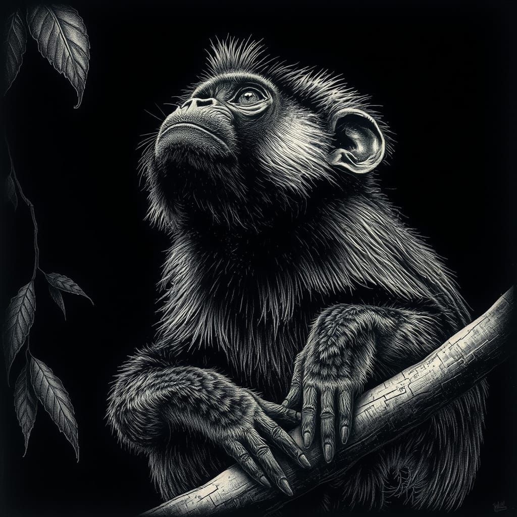 Realistic Mandrill Portrait in Scratchboard Style