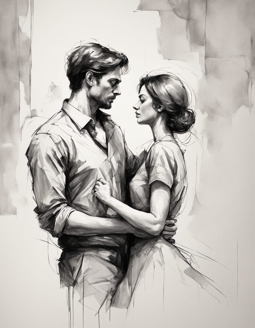 Intimate Black-and-White Sketch of a Passionate Couple's Emb...