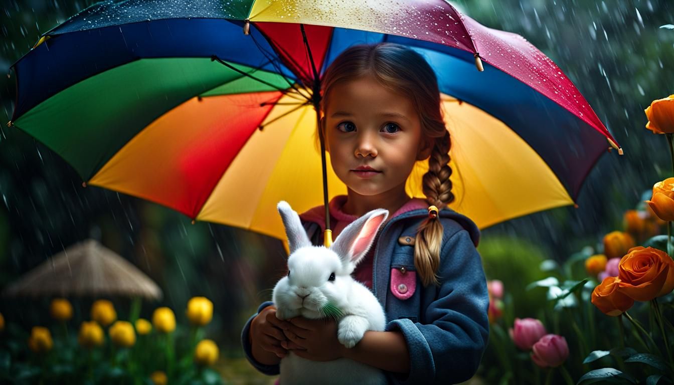 Girl with Bunny in Rainy Garden: Hyperrealistic Art