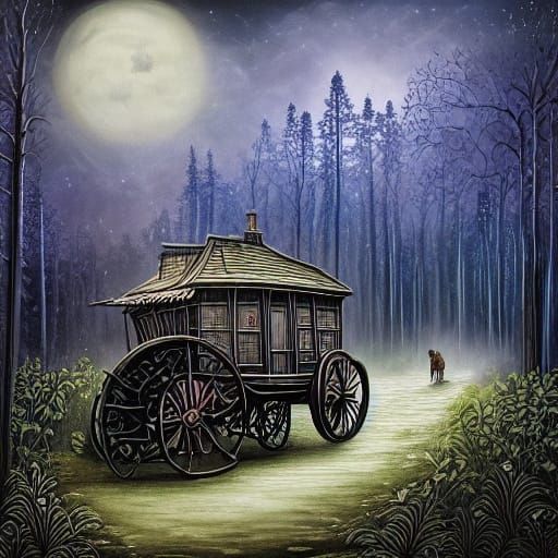 Mysterious Carriage Pulled by Ghostly Horses in Moonlit Fore...