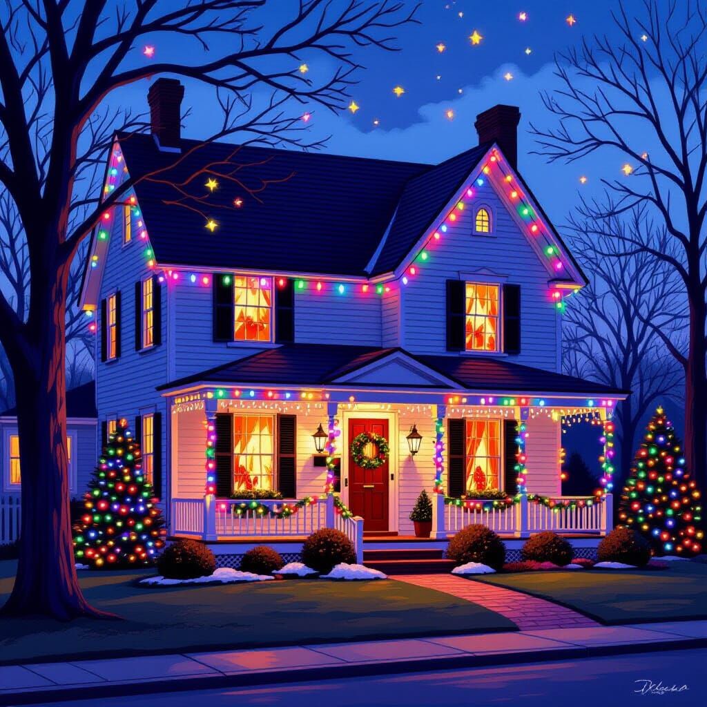 Vintage House Decorated with Colorful Christmas Lights