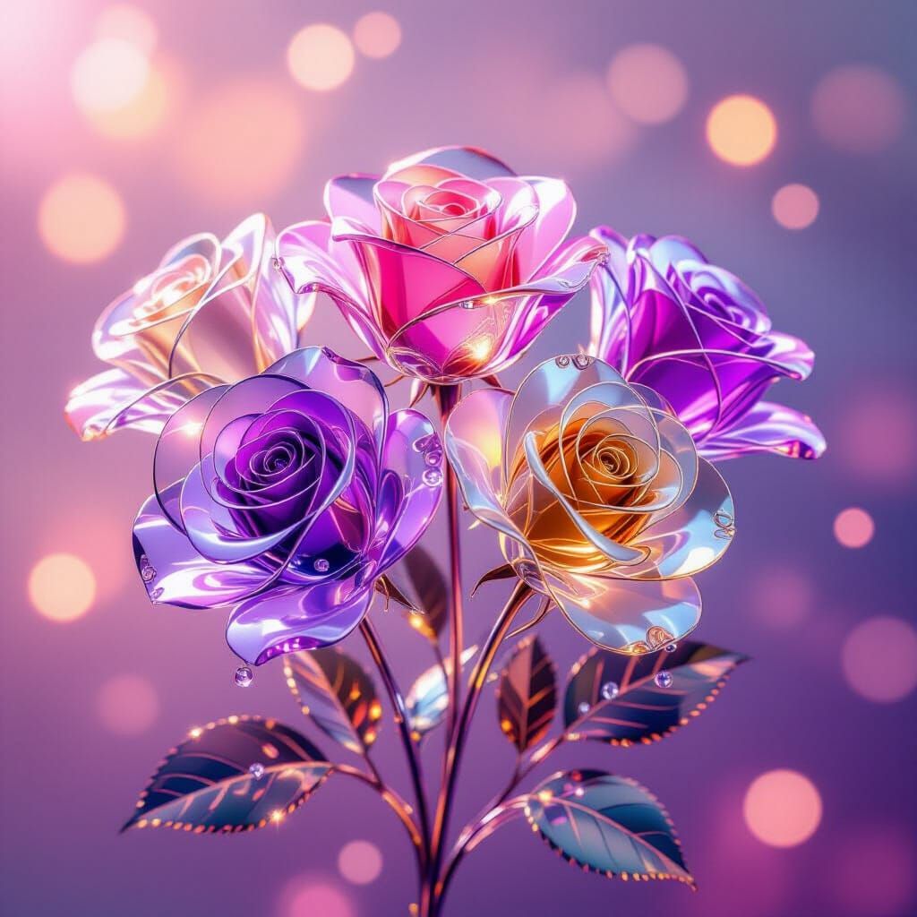 Glass Rose Bouquet with Spectrum Colors and Gemstone Glow