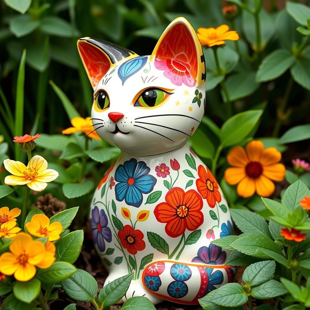 Whimsical Floral Ceramic Cat Garden Ornament