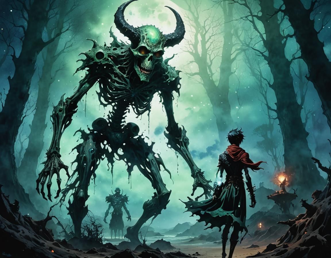 Eerie Demon on Moonlit Beach: Anime Watercolor Art