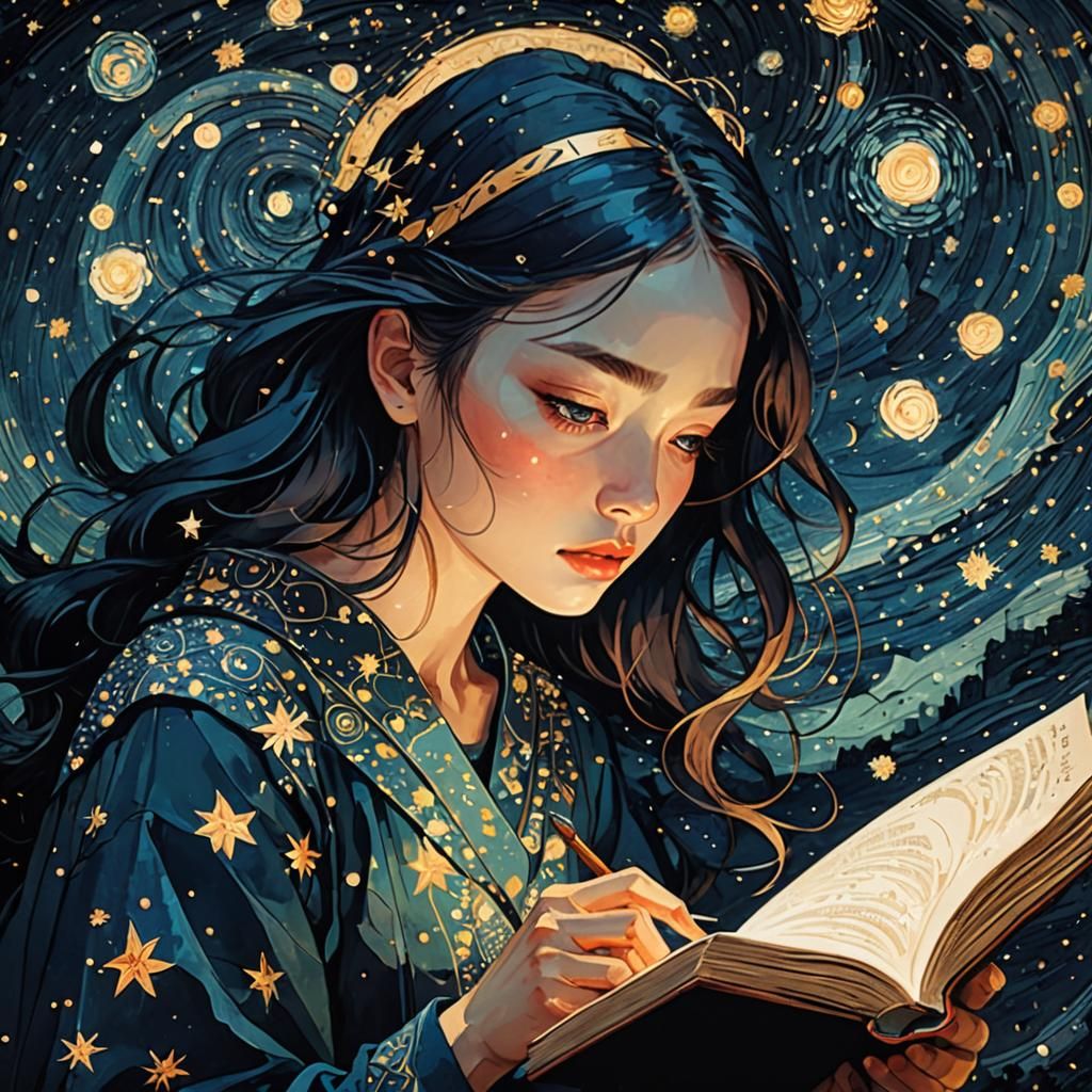 Girl Reading Under Starry Night Sky
