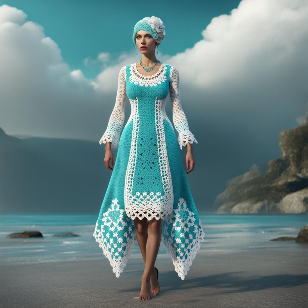 Crochet Dress with Granny Square Pattern, Detailed Matte Pai...