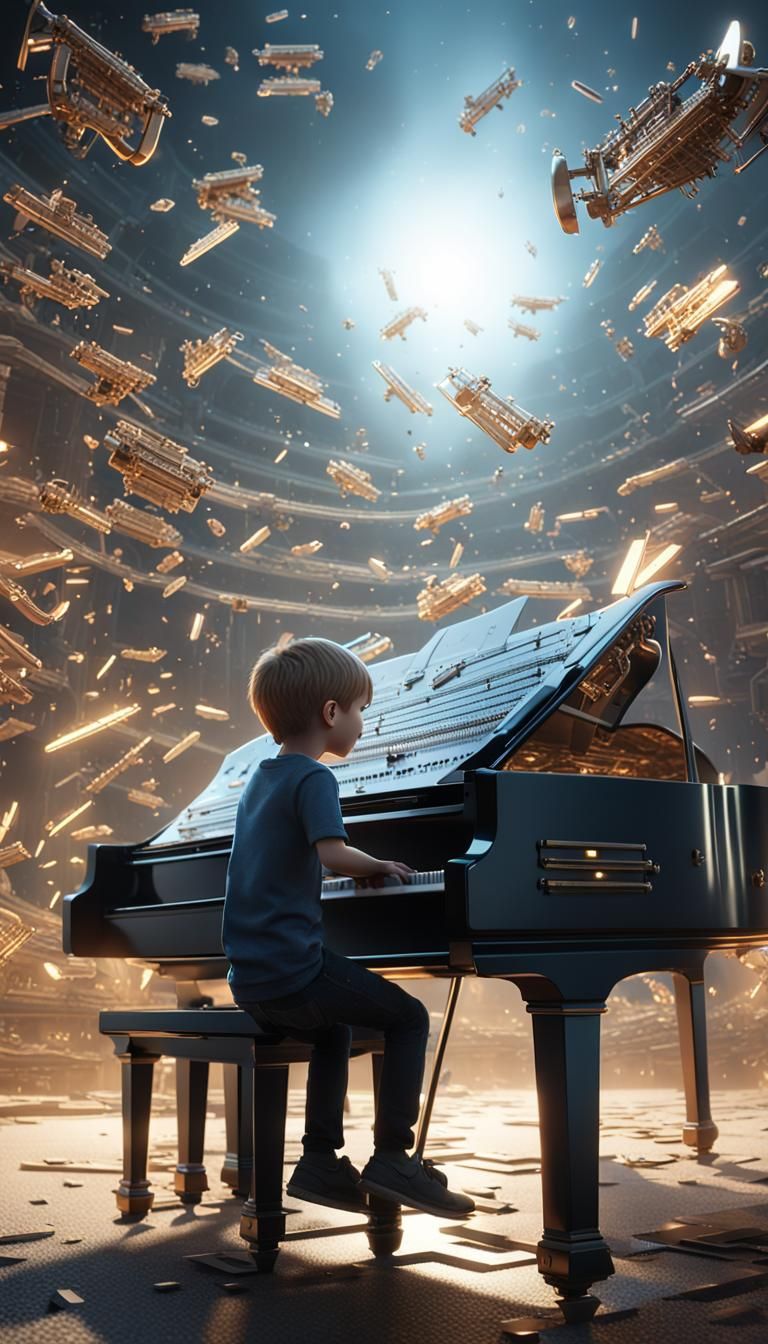 Boy Plays Giant Piano in Futuristic Sci-Fi Scene