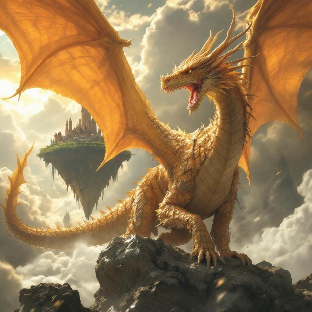 Golden Dragon Rider on Floating Island