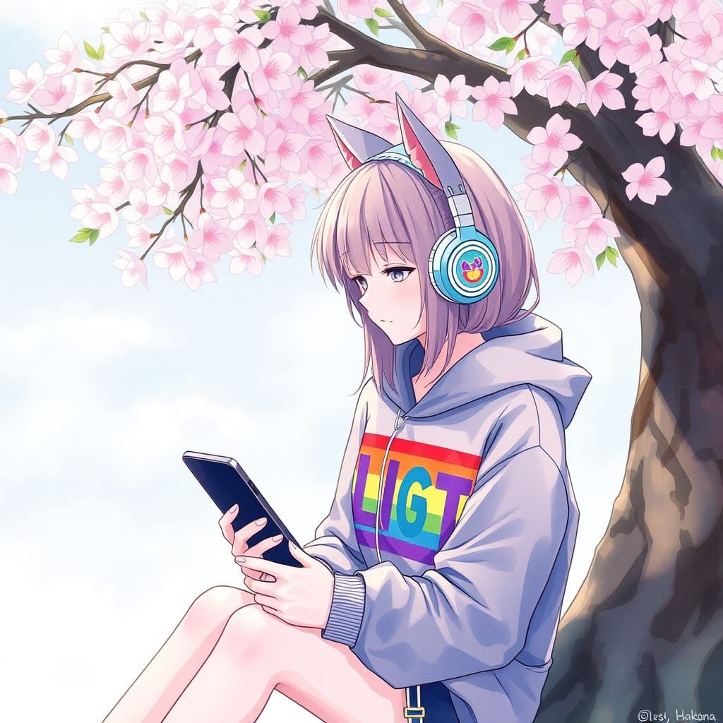 Anime Girl with Cat Ears in Watercolor Style