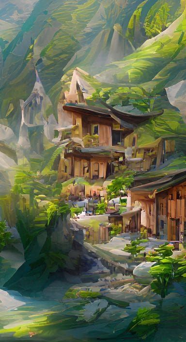 Mountain Village in Gouache Style Impressionist Painting