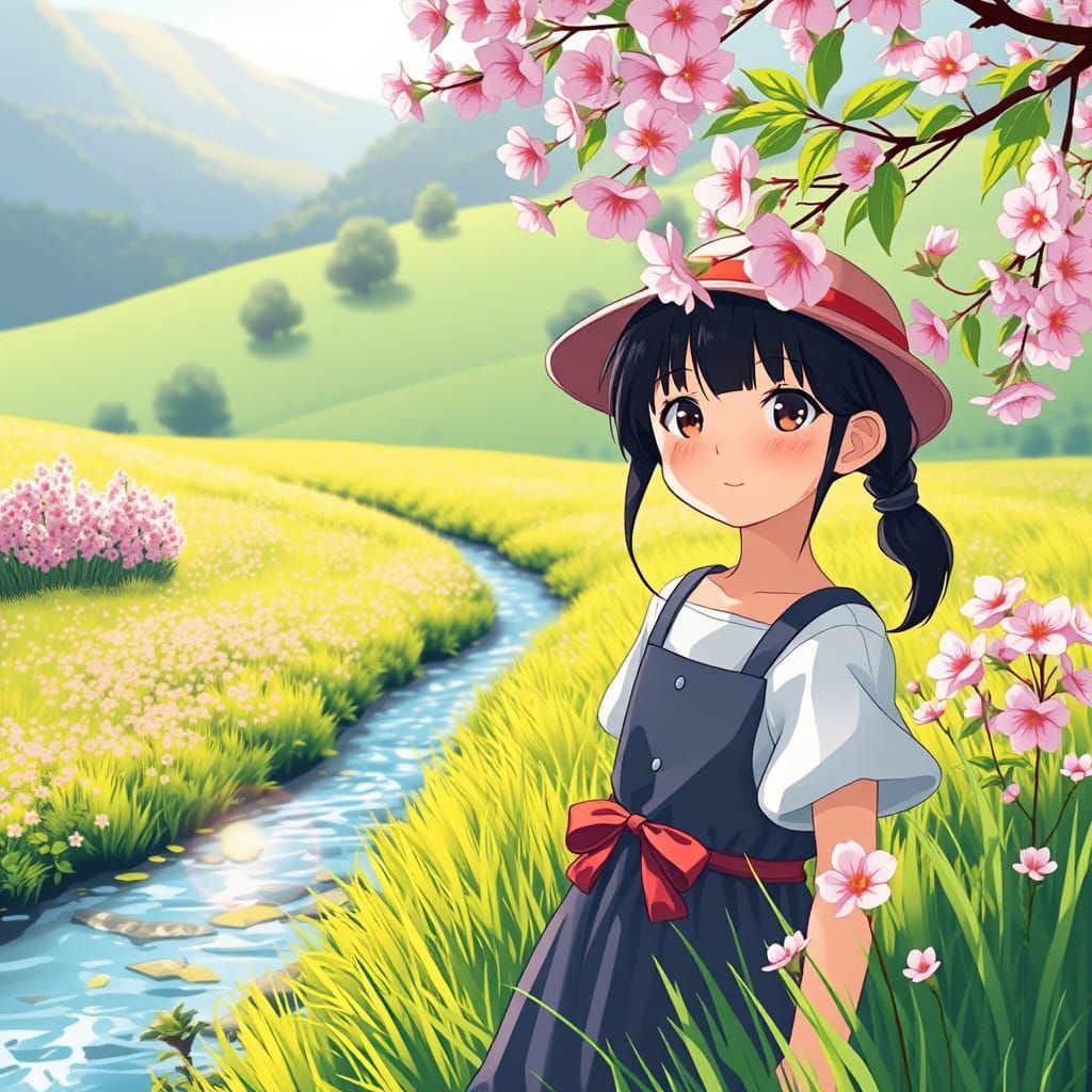 Serenely Beautiful Farm Girl Surrounded by Cherry Blossoms i...