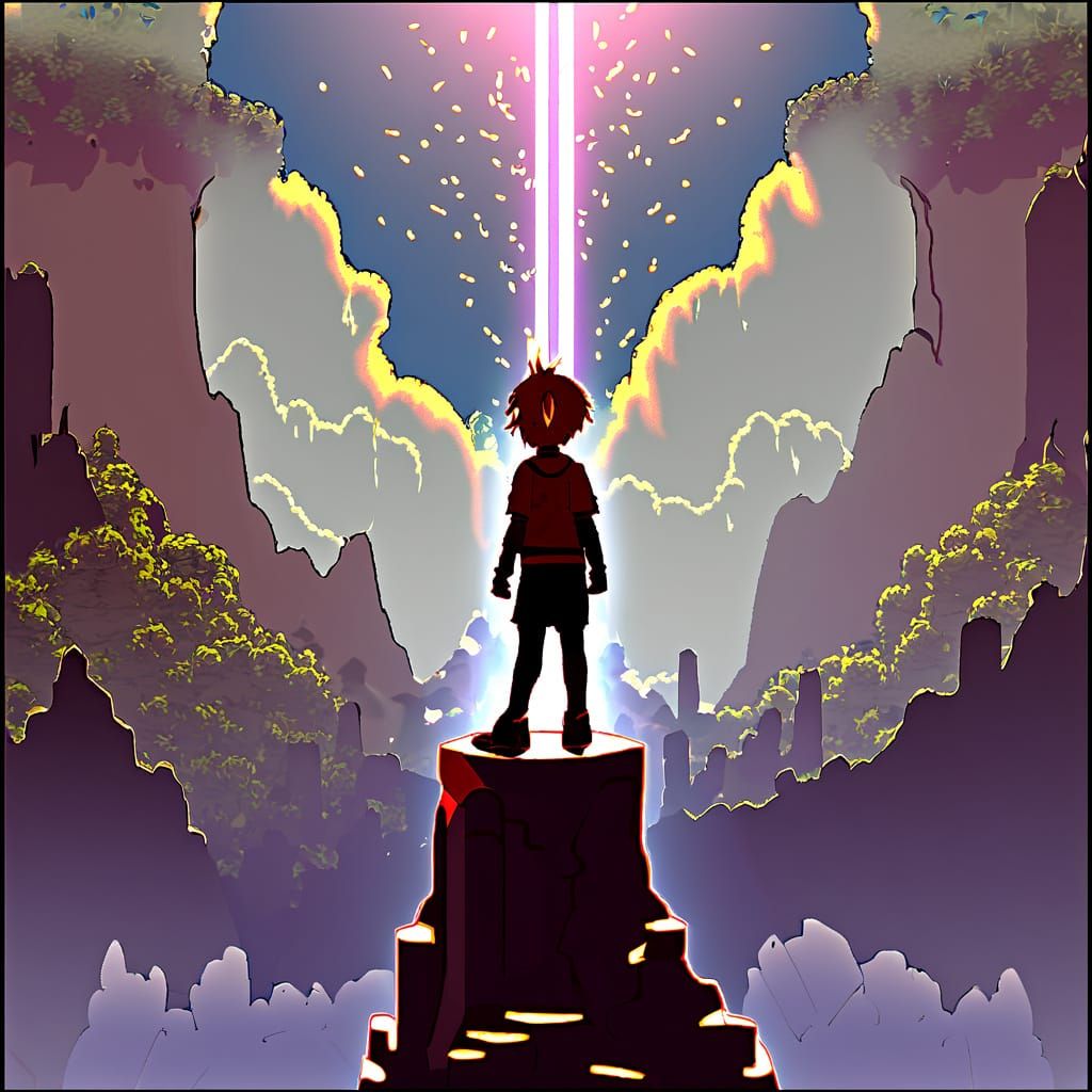 Anime Boy on Marble Pillar Amidst Elemental Forces