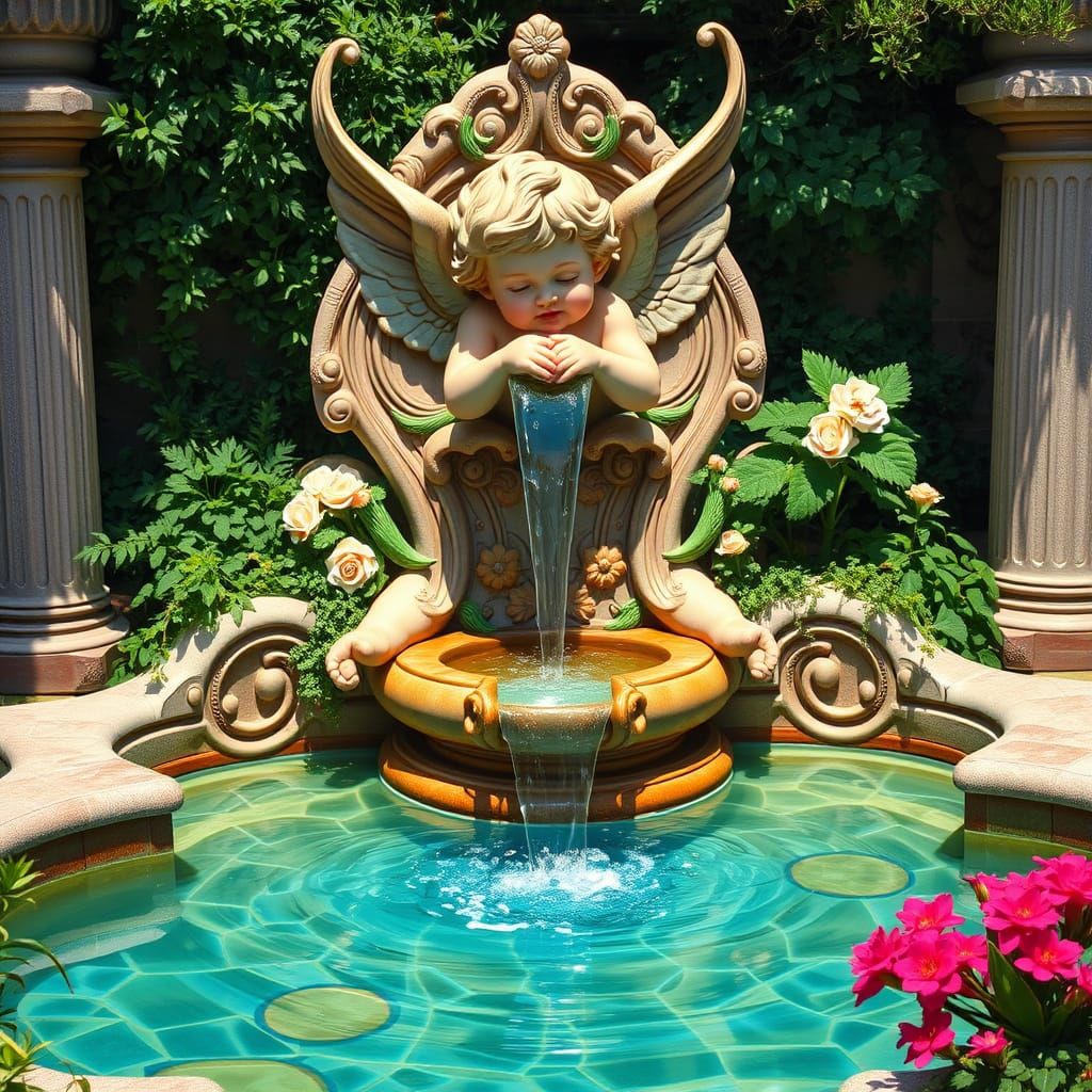 Ornate Cherub Fountain in Art Nouveau Style