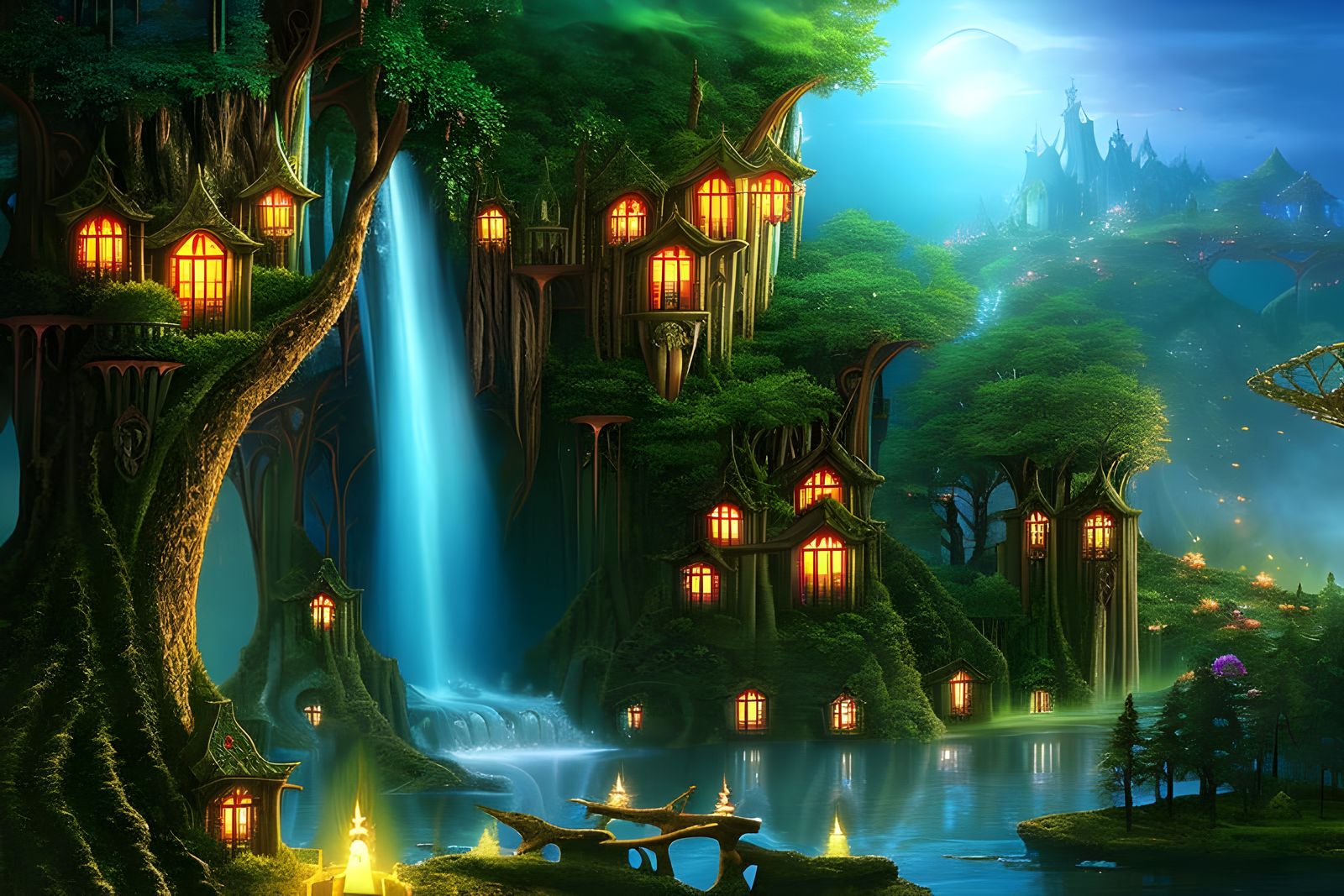Enchanting Elven Tree City in Mystical Woods