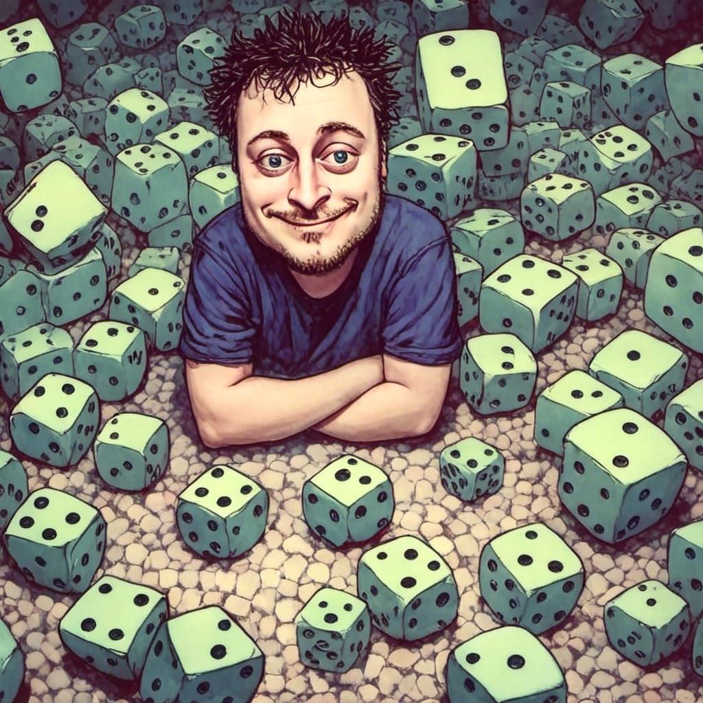 Chibi Bobblehead Toy Surrounded by Dice, Detailed Rendering