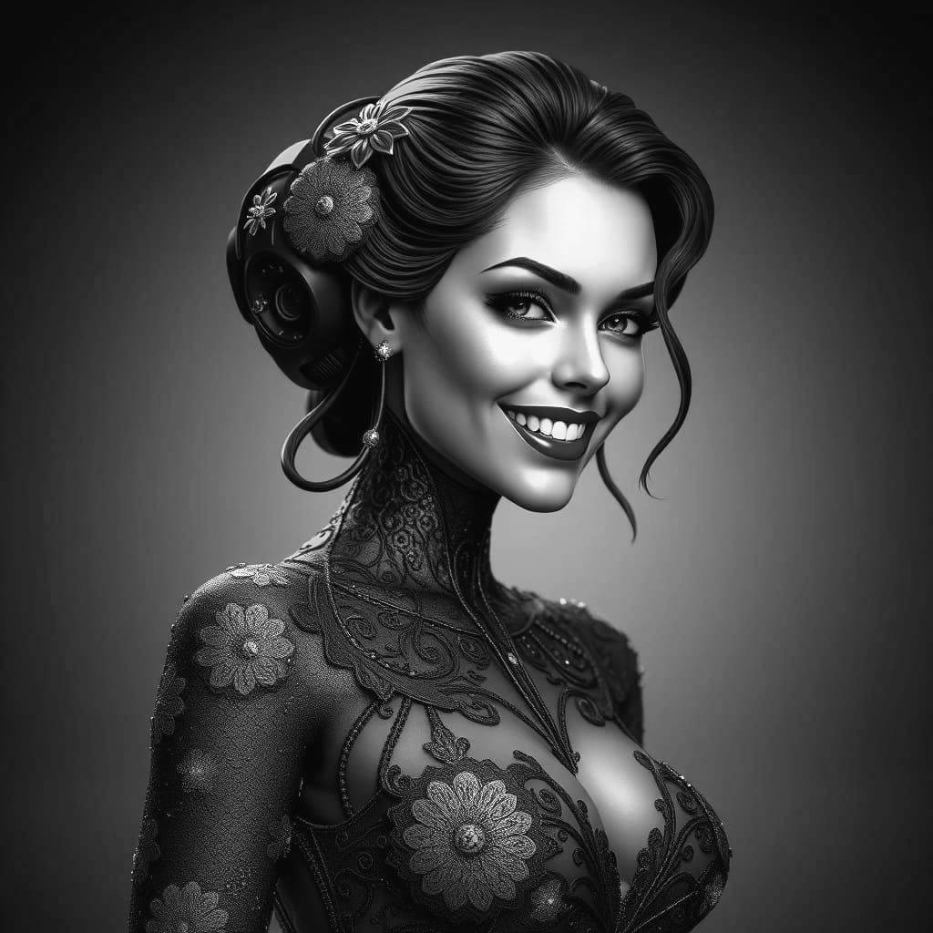 Surreal Pinup Goddess in Floral Cyberpunk Armor, Oil Impasto...