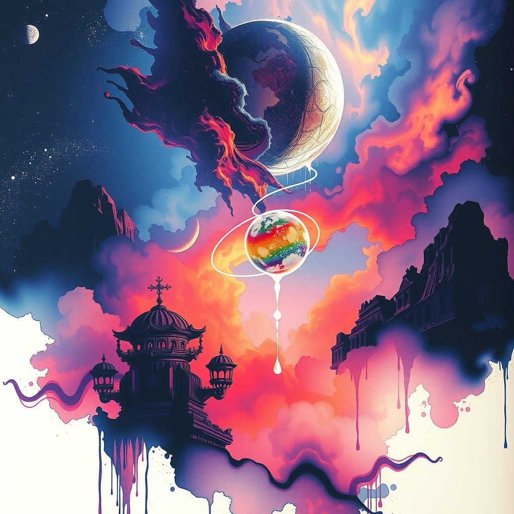 Vibrant Celestial Dreamscape in Alcohol Ink Style