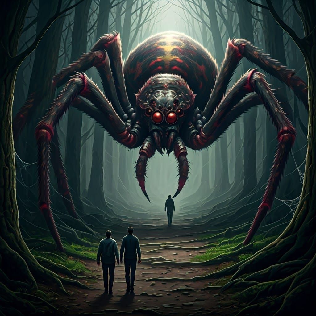 Colossal Spider Traps Men in Dark Forest Web