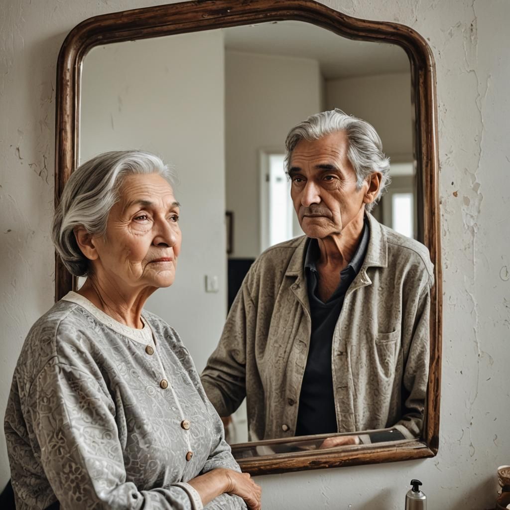 Man's Reflection Reveals an Old Woman