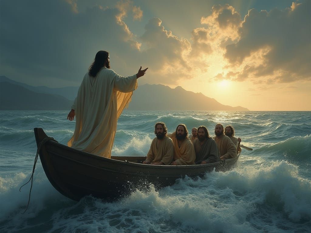 Jesus Calms the Turbulent Waters in a Soft, Ethereal Light