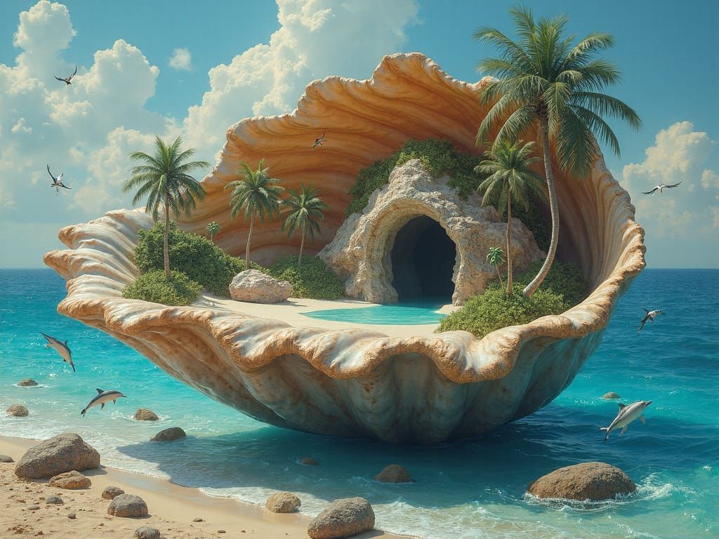 Tropical Island Emerges from Seashell: 3D Surrealism