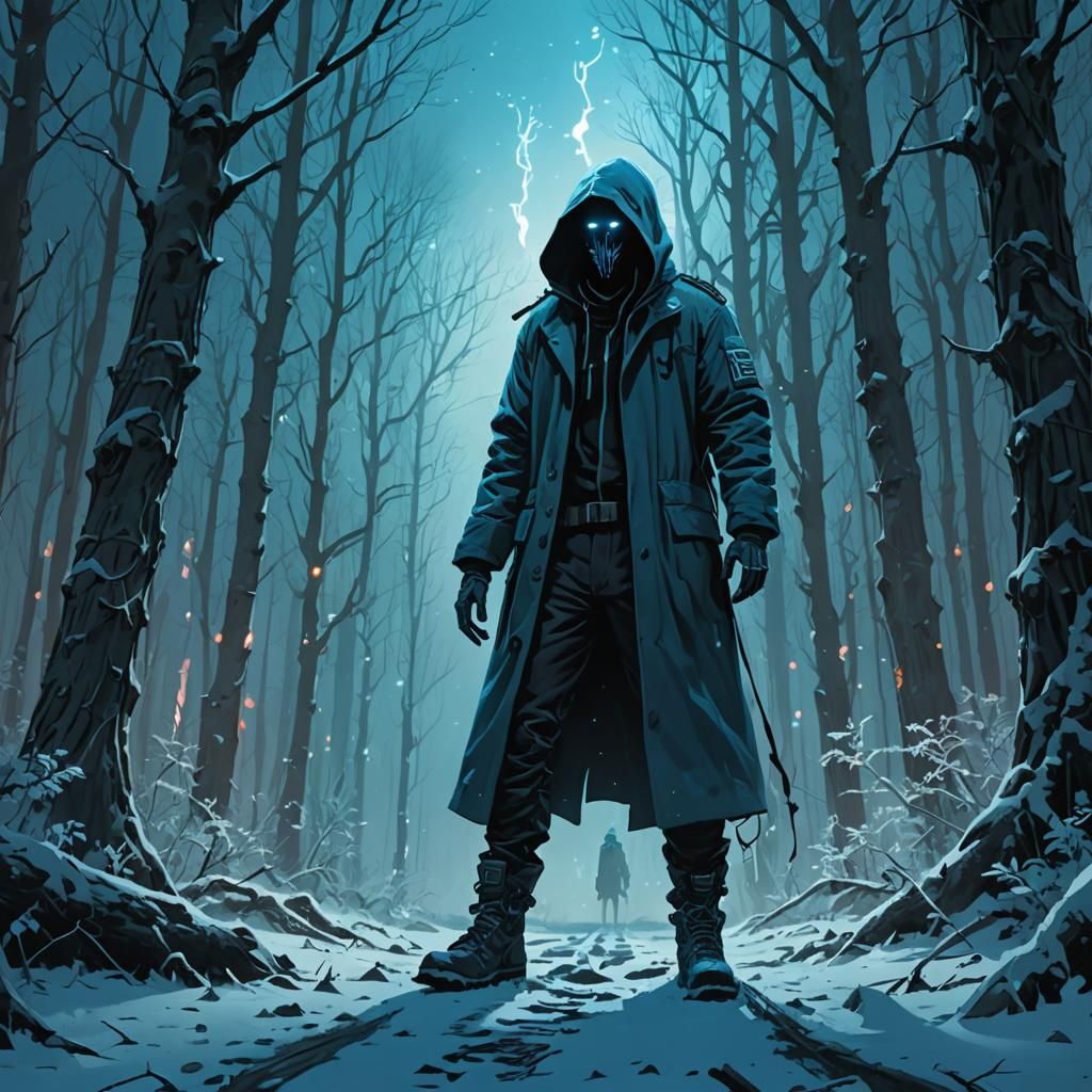 Ominous Hooded Figure in Snowy Blue Forest