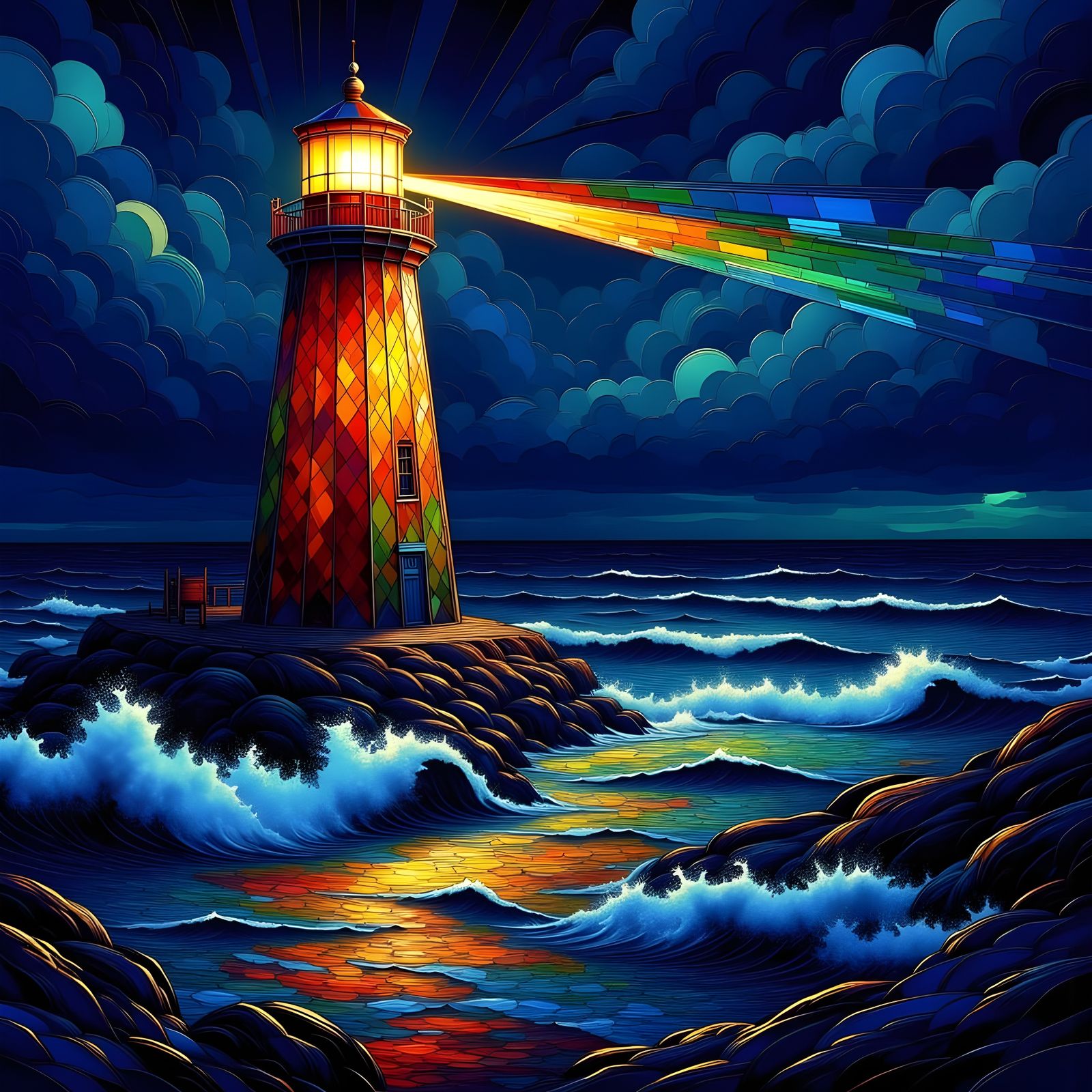 Tiffany Stained Glass Lighthouse at Night