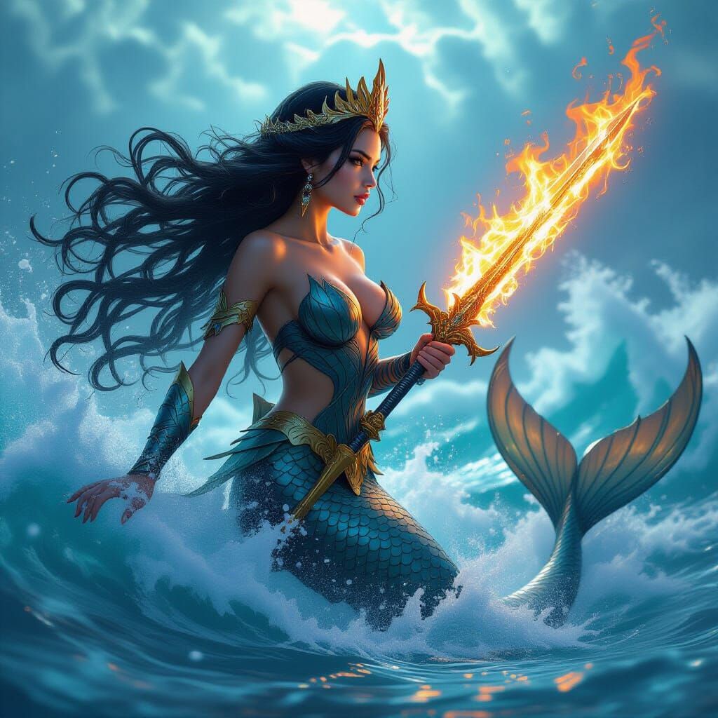 Mermaid Queen Stops Ocean Battle, Hyperrealistic Splash Art
