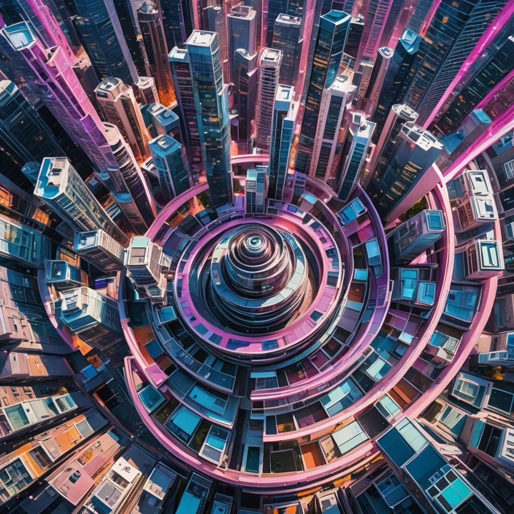 A breathtaking aerial view from 300 feet high of a futuristi...
