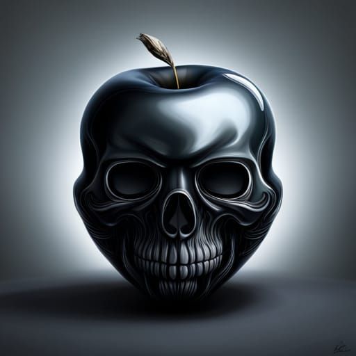 Glossy Black Apple with Skull, Detailed Digital Art