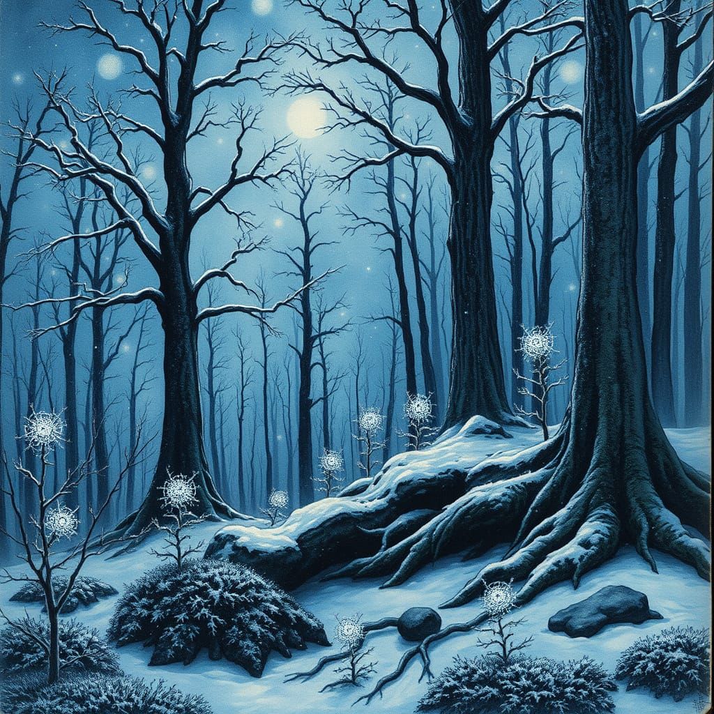 Dark Fantasy Landscape with Star-Thistle Trees and Frosty At...