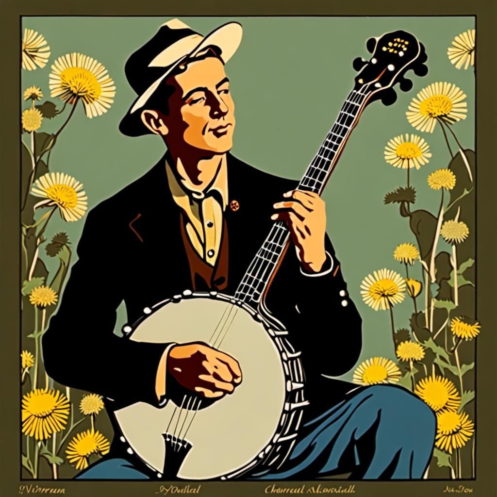 Whimsical Portrait with Banjo and Dandelions