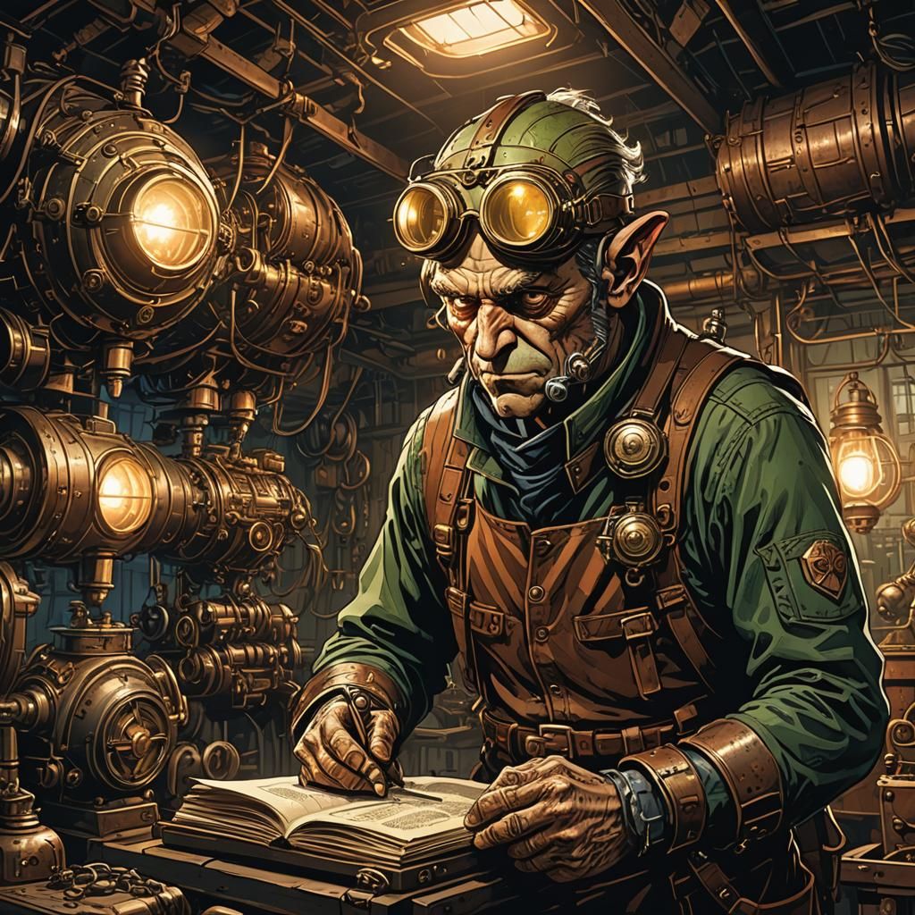 Goblin Mechanic Repairs Zeppelin: Comic Book Art
