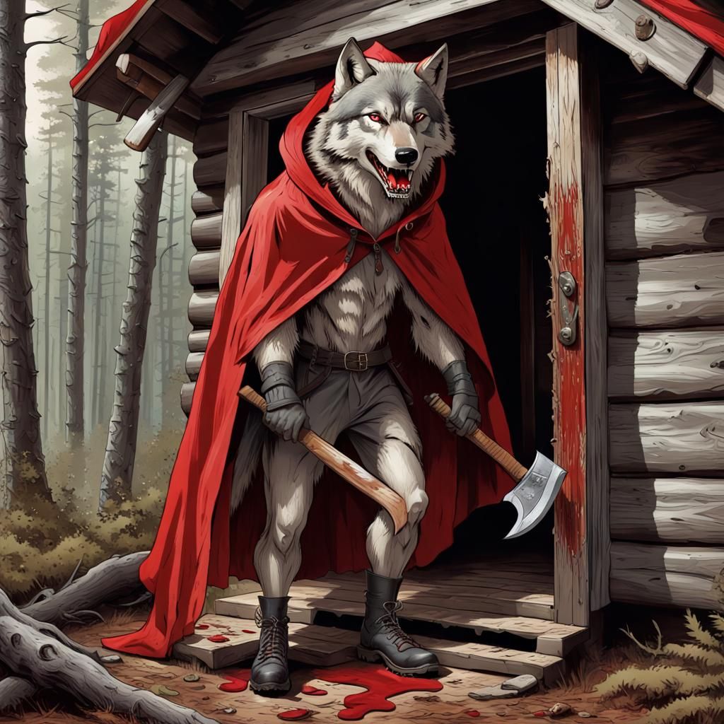 Sinister Wolf in Red Hood Chewing Shoe