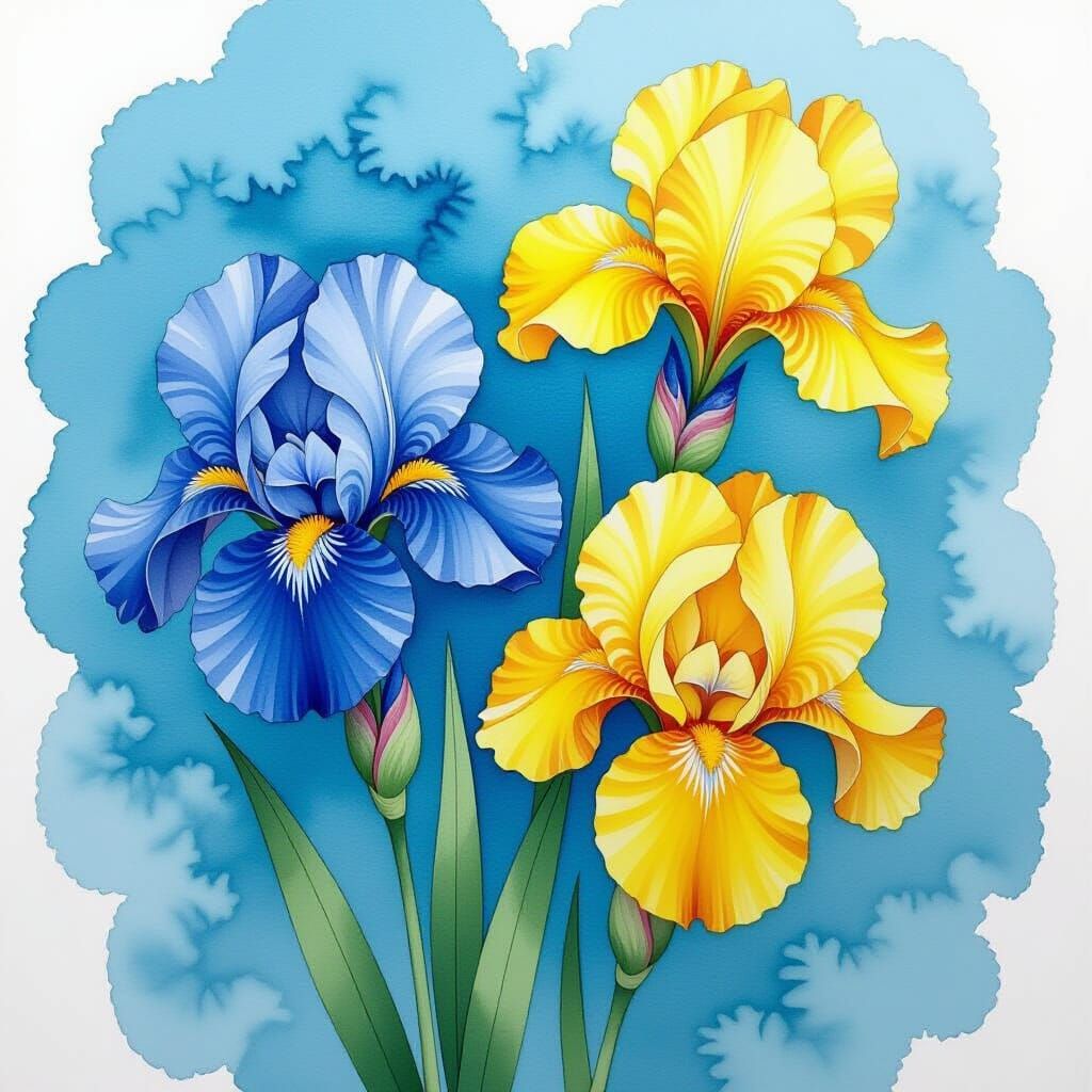 Vibrant Iris Flowers in Alcohol Ink Style