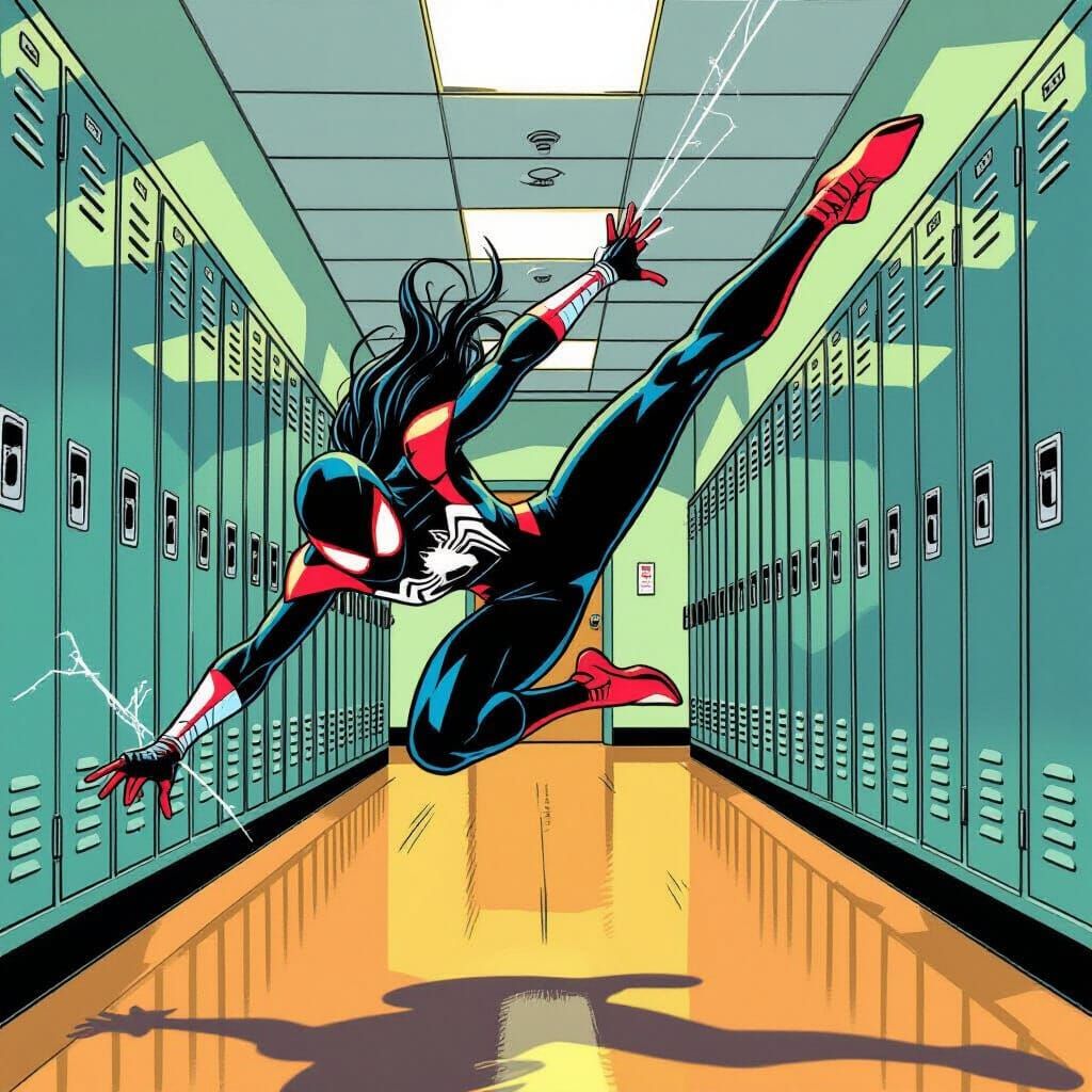 Ghost-Spider Acrobatics in High School Hallway Comic Art