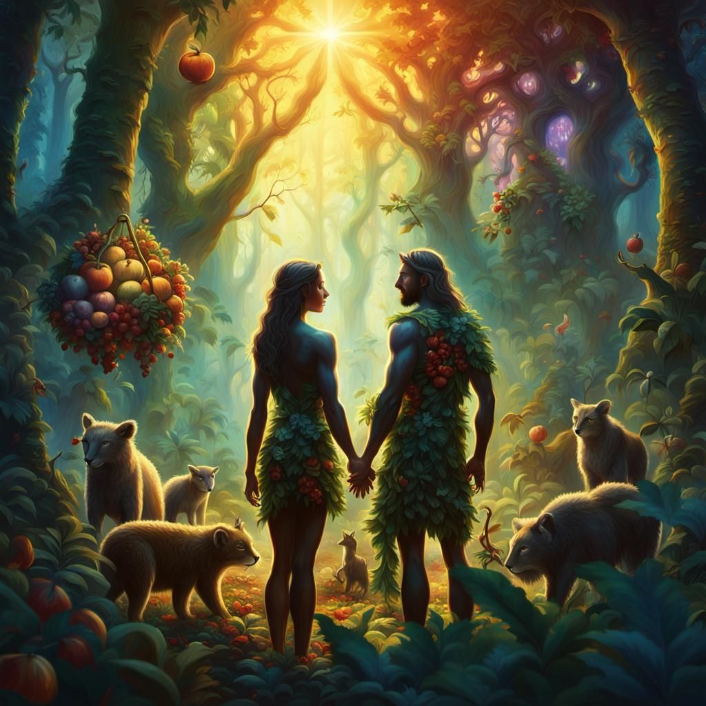 Adam and Eve in Forest, Vibrant Oil Painting