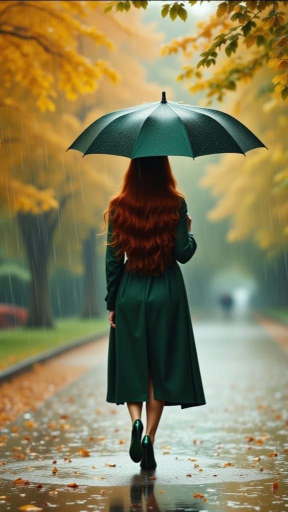 Autumn Park in Gentle Rain with Woman in Trench Coat