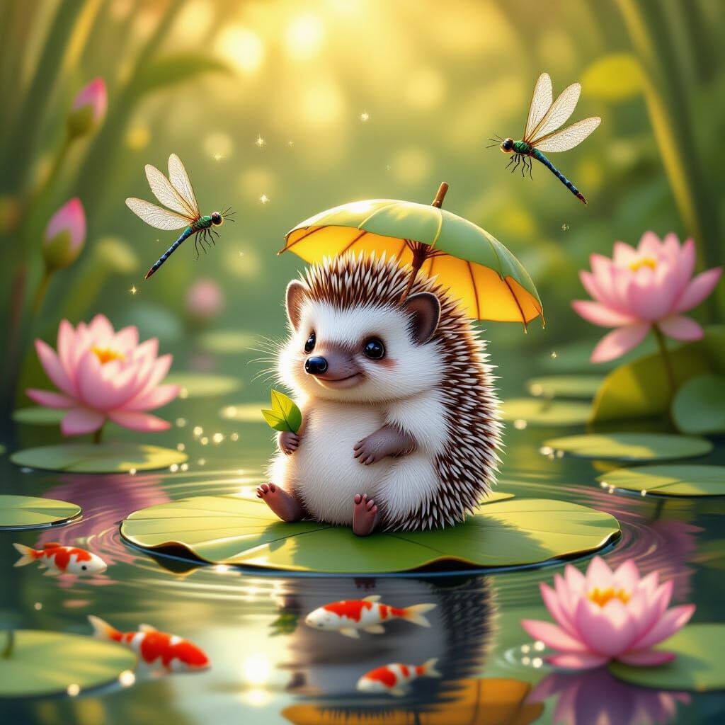 Adorable Baby Hedgehog on Lily Pad in Golden Hour Pond