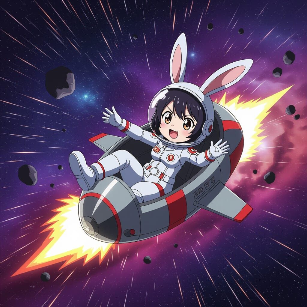 Bumbling Rabbit Explorer Falls From Space Pod in Anime Style