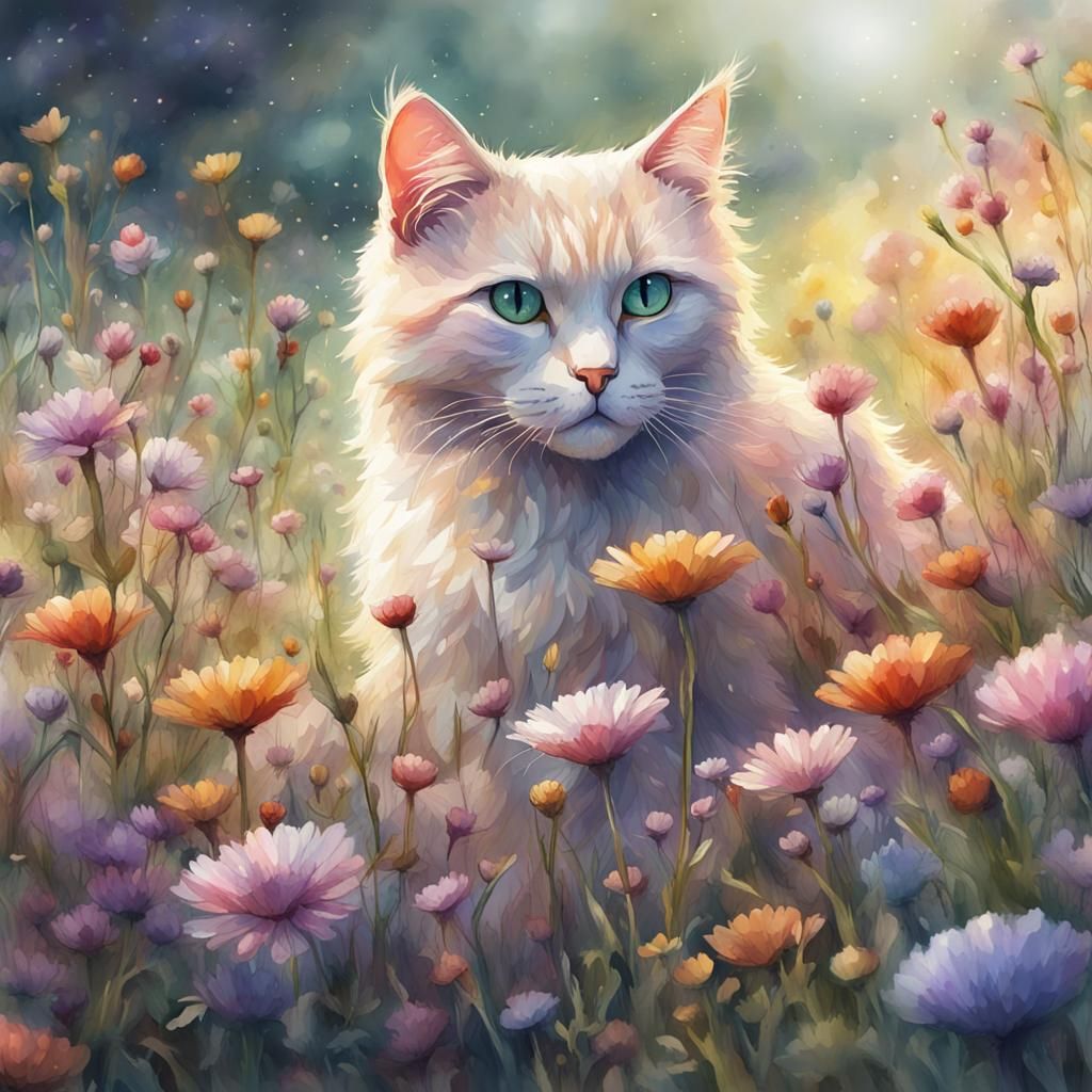 Cat in Flower Meadow Fantasy: Watercolor Illustration