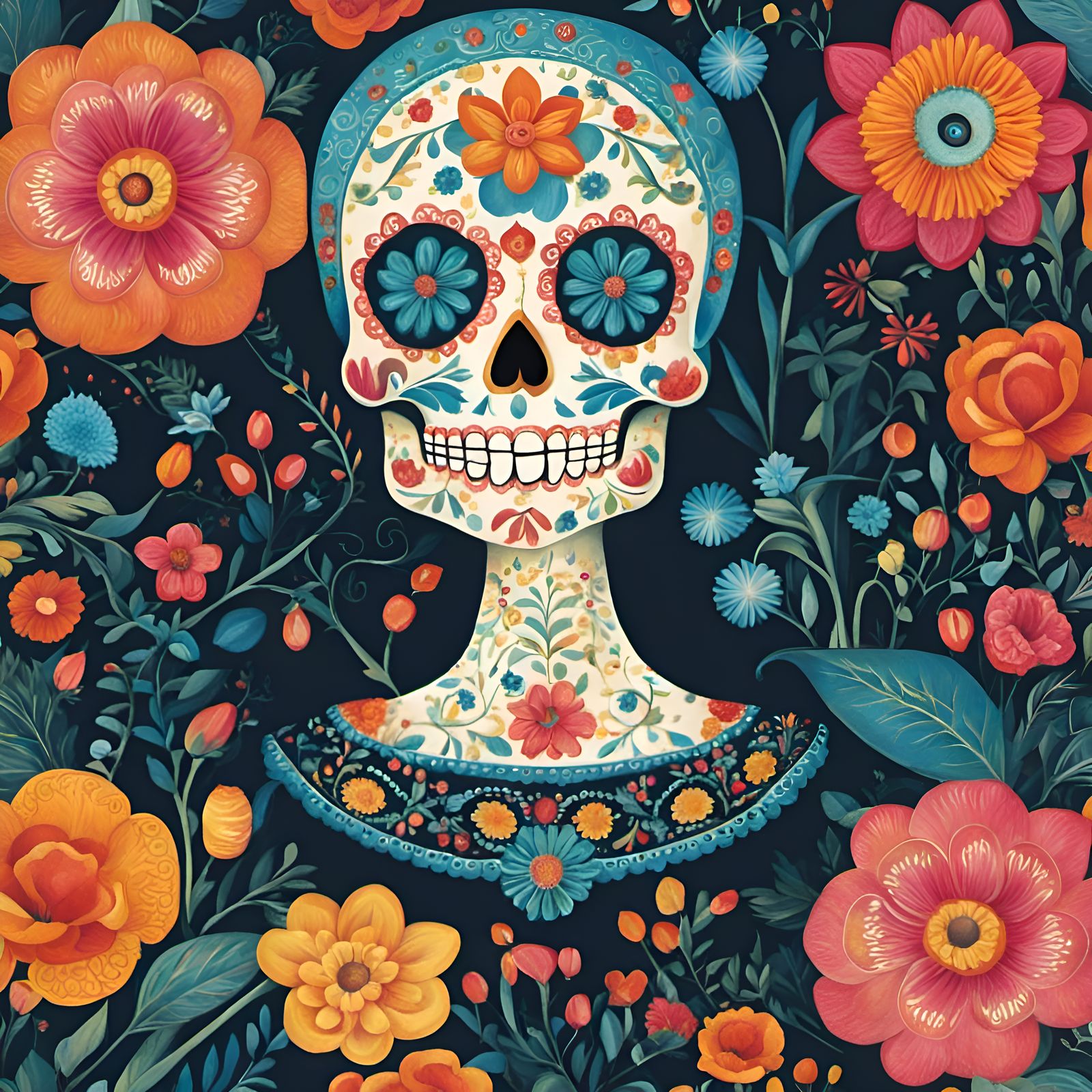 Ornate Sugar Skull with Flowers, Art Brut Style