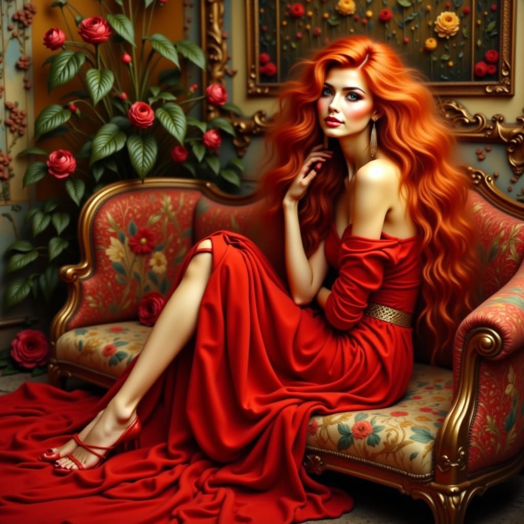 Art Nouveau Woman in Red Dress on Plush Sofa