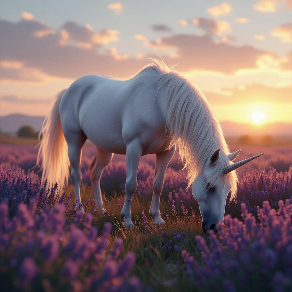 Unicorn Grazing in Lavender Field, Painterly Style