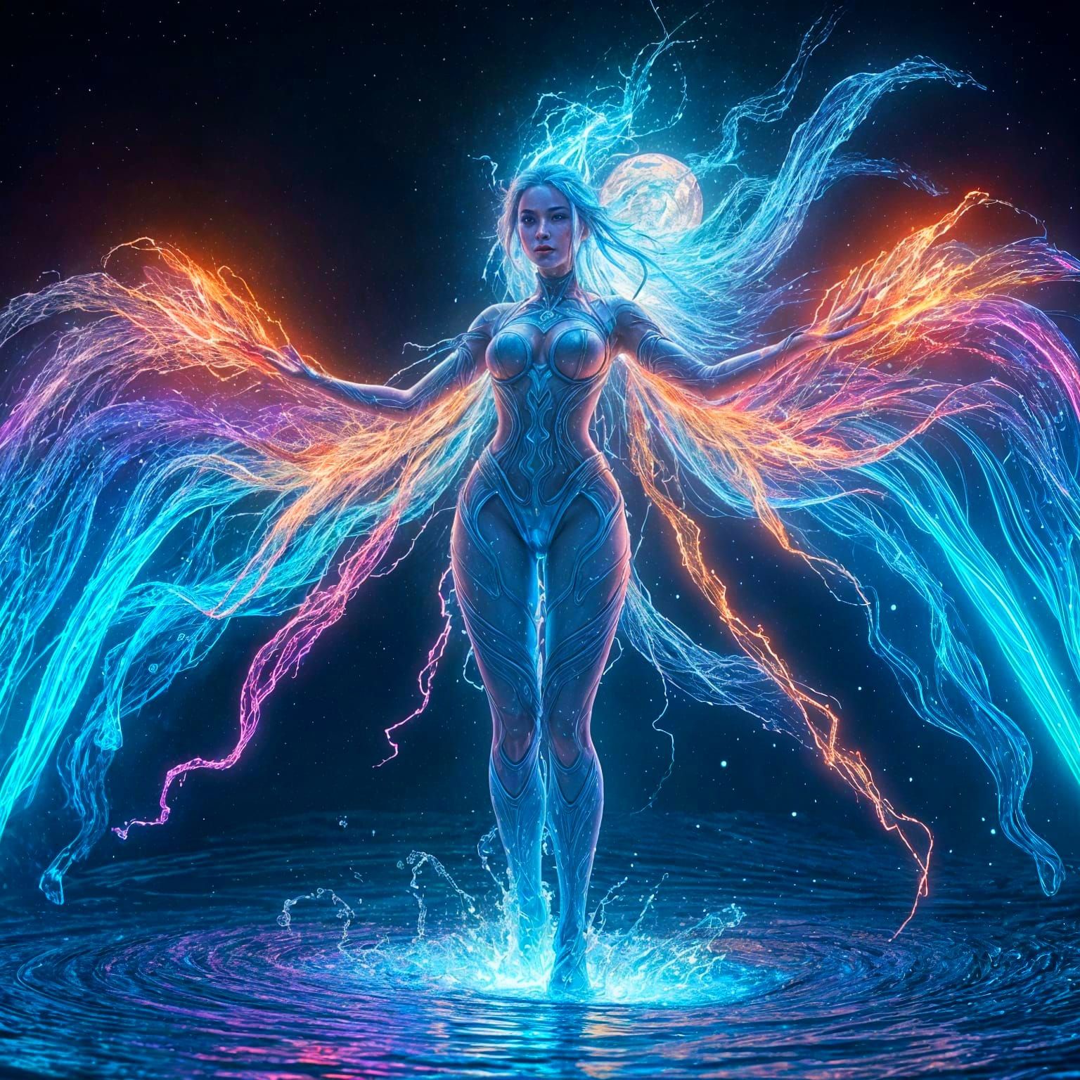 Eternal Water Goddess in Vibrant, Fantastical Landscape