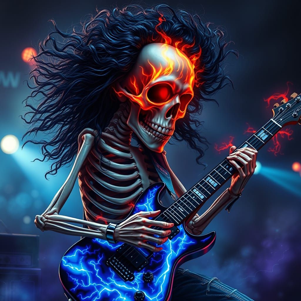 Skeletal Rock Legend Shreds Electric Guitar in Hauntingly Vi...