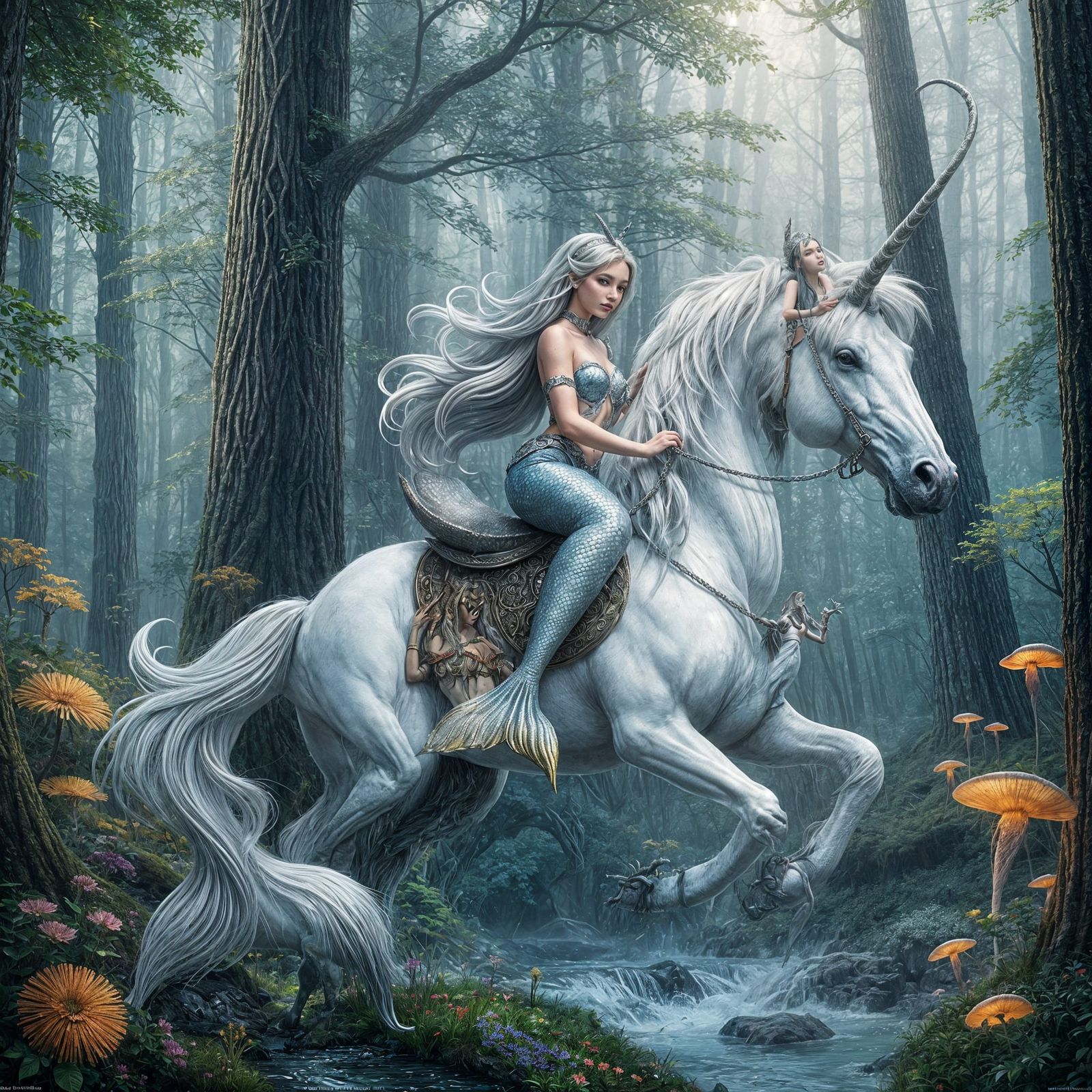 Ethereal Mermaid Rides White Unicorn in Vibrant Forest