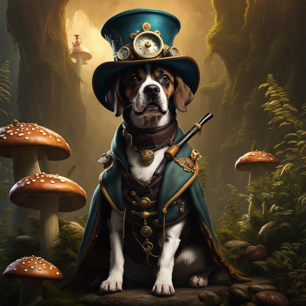 Steampunk Dog Smoking Pipe on Mushroom, Detailed Art