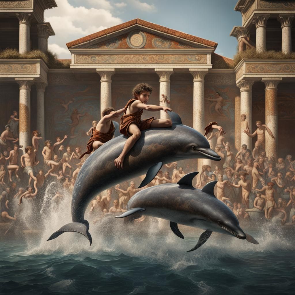 Ancient Roman Mosaic of Boys Riding Dolphins